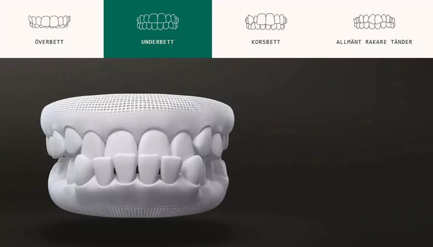 Invisalign för olika bettproblem, illustration som visar Underbett men även Överbett, Korsbett och Allmänt rakare tänder är illustrerade.
